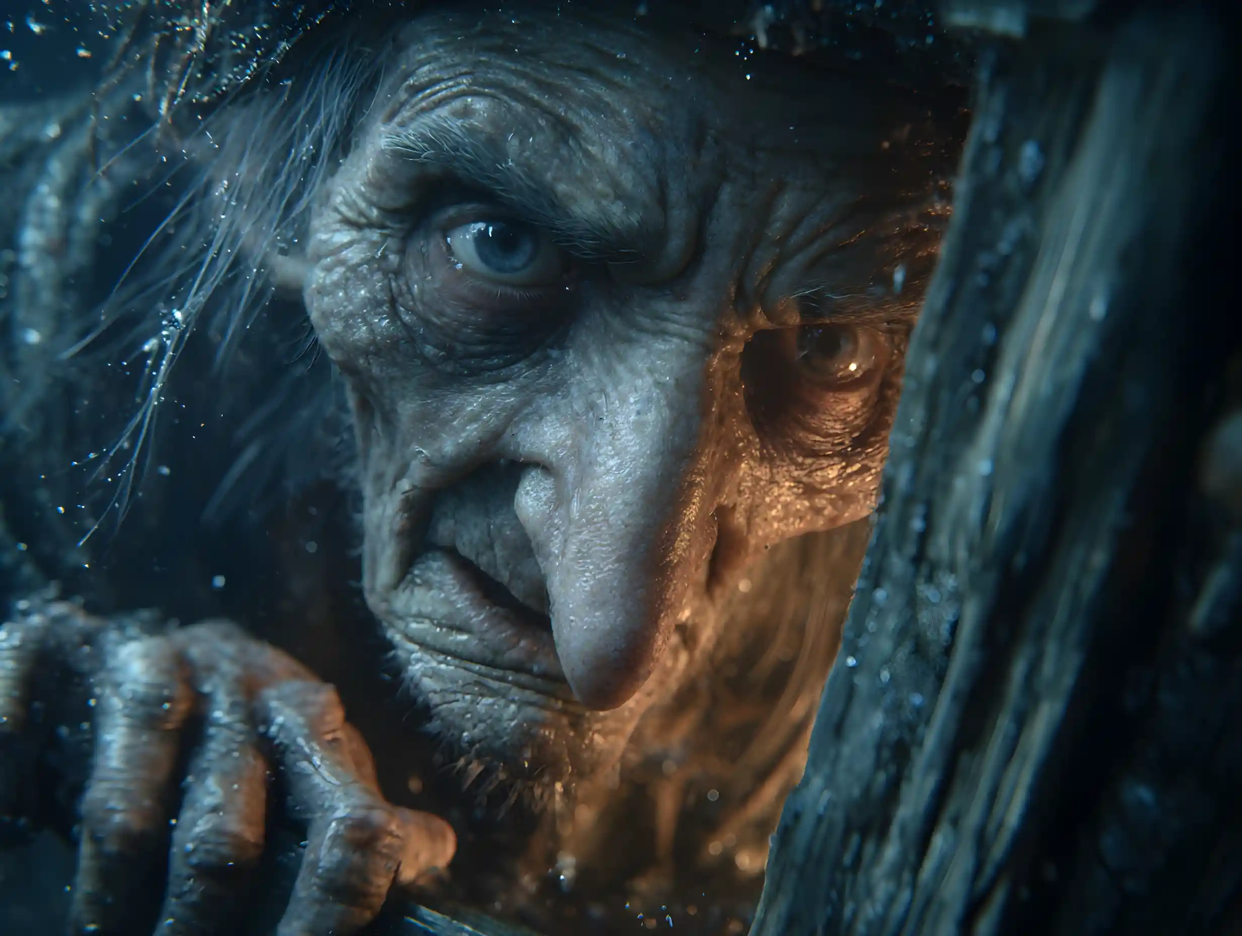 Terrifying witch staring through a grimy cabin window