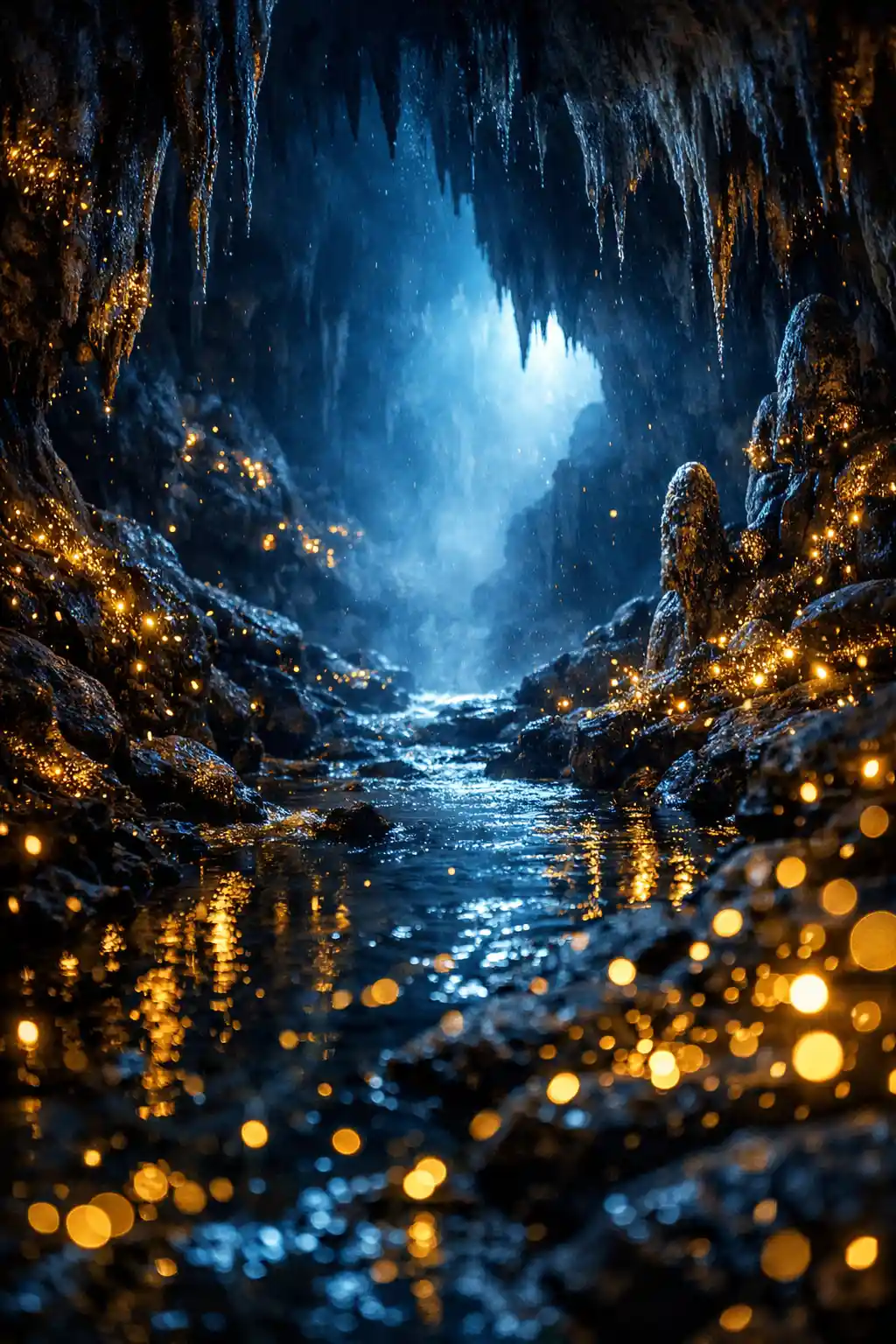 Deep blue cave with glowing stream and rock formations