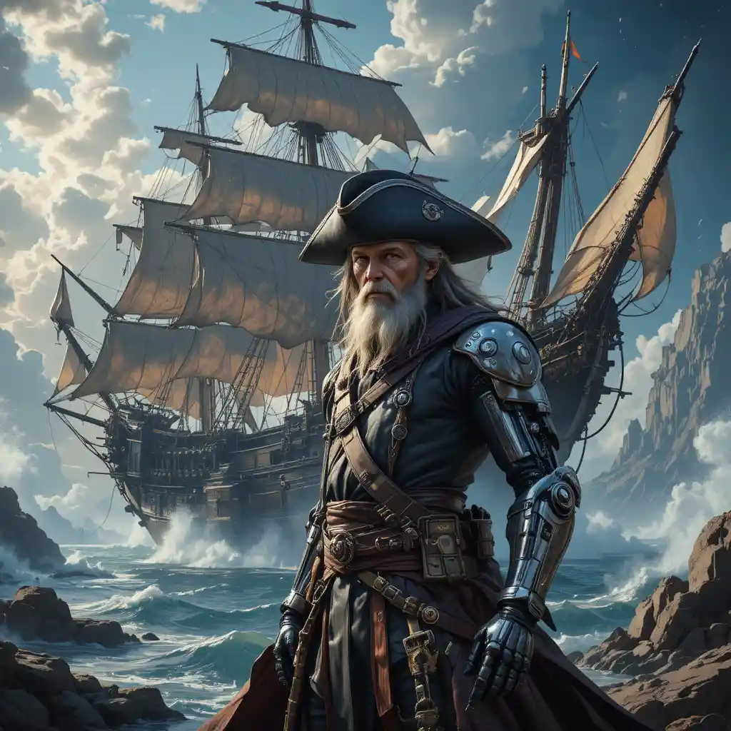 Cybernetic space pirate captain before a massive starship