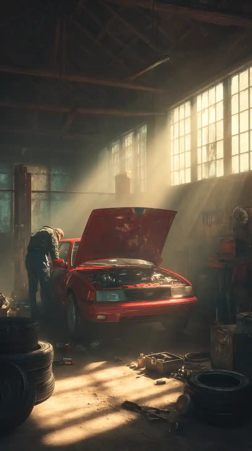 Mechanic Repairing Red Car In Warm Sunlit Garage