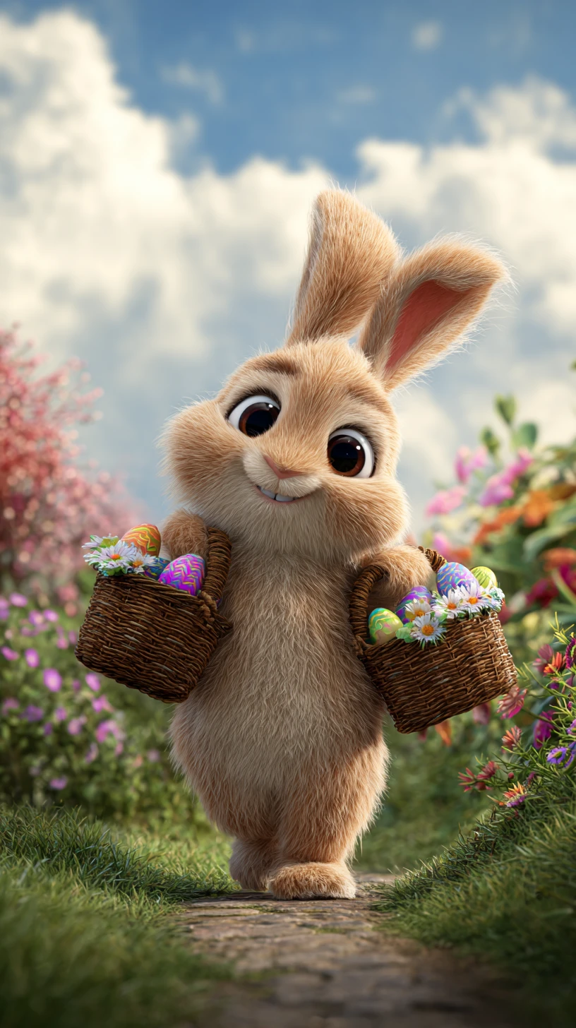 Cute rabbit with Easter baskets in a colorful garden