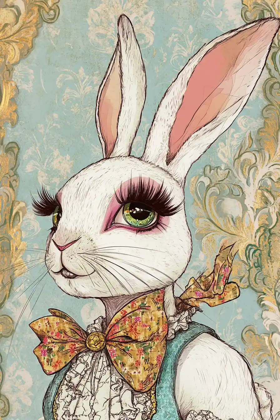 Glamorous pastel rabbit diva with festive comic style