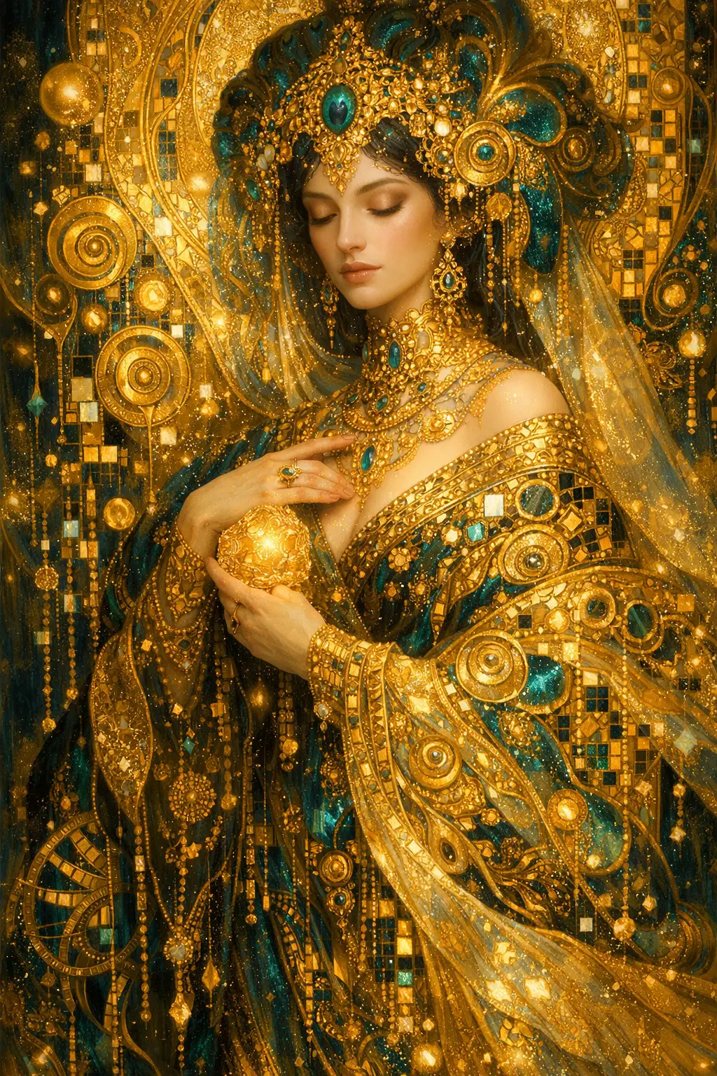 Elegant woman in ornate golden dreamlike portrait
