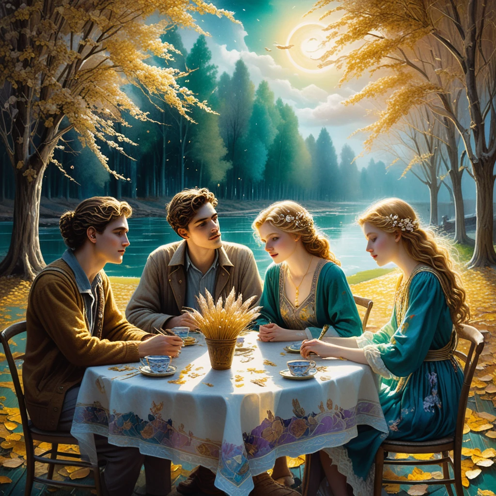 Four strangers gathered quietly around an old wooden table
