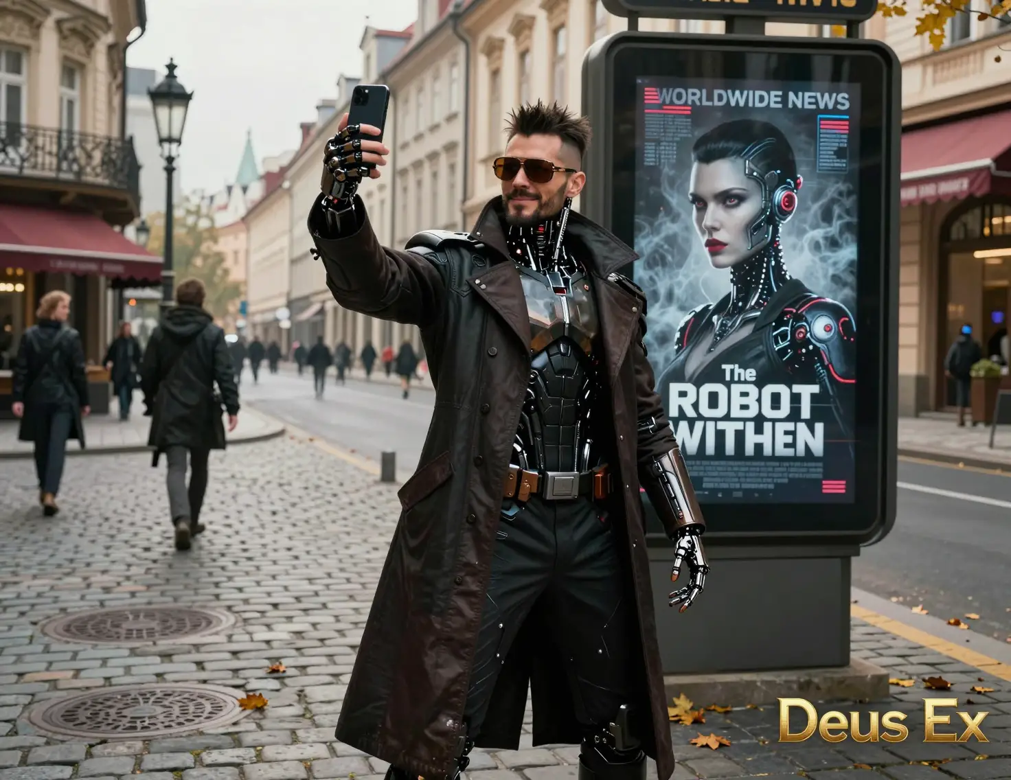 Augmented cyberpunk detective taking a selfie on cobblestones