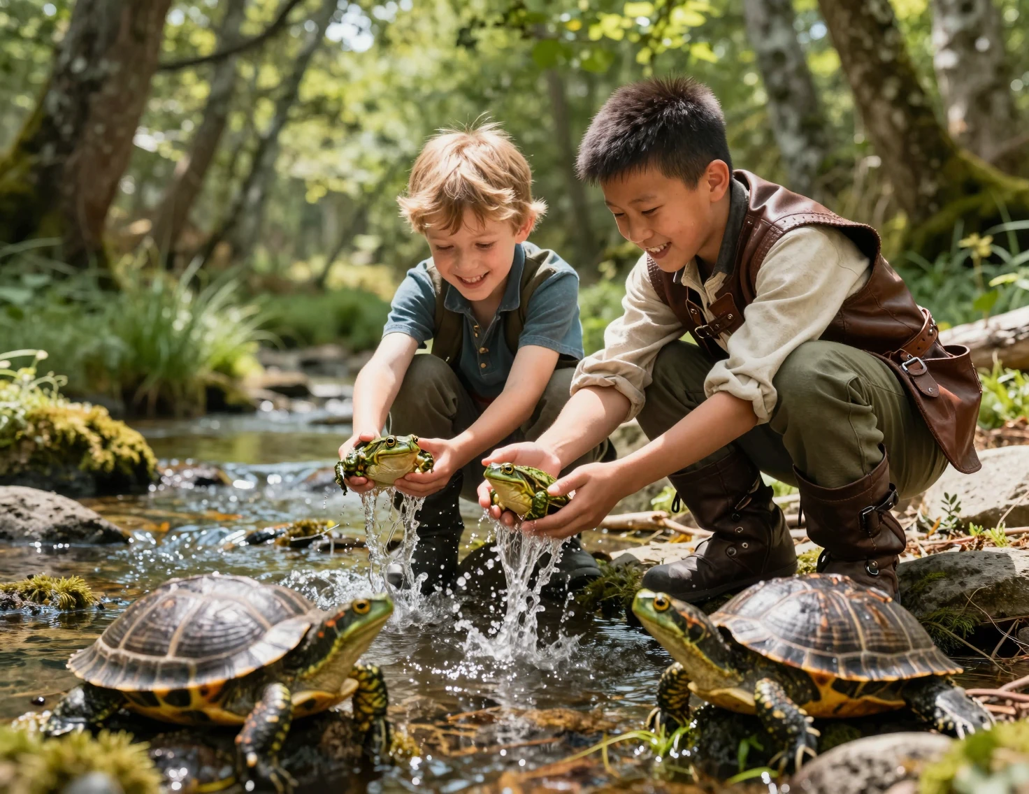 Two boys playing in a sunny forest creek with turtle