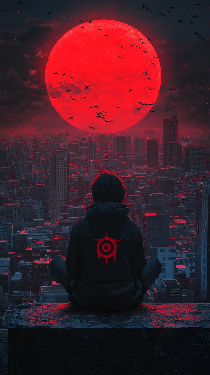 Figura solitária em um terraço distópico sobre cidade cyberpunk vermelha