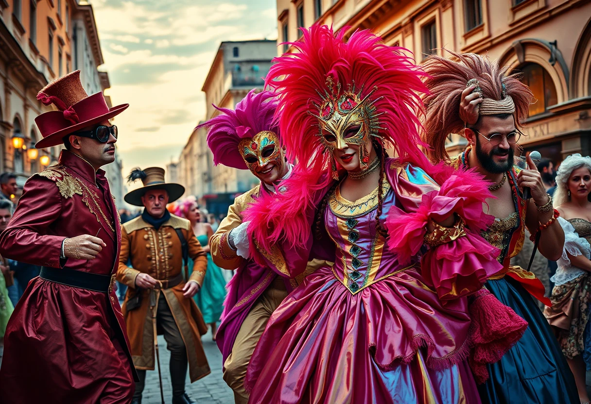 Baroque actors performing in a lively Roman marketplace