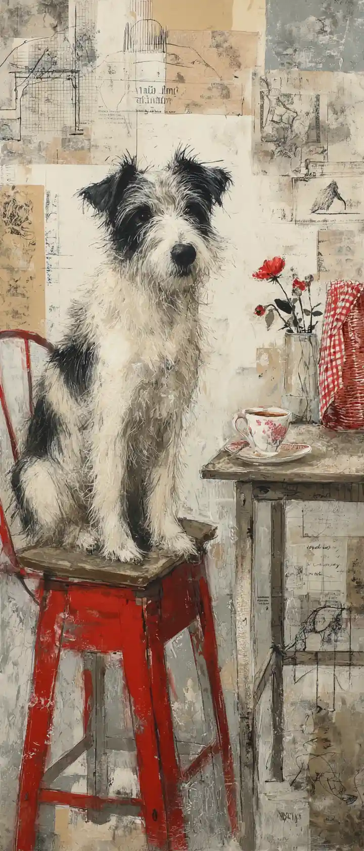 Shaggy dog on red stool beside vintage bistro table