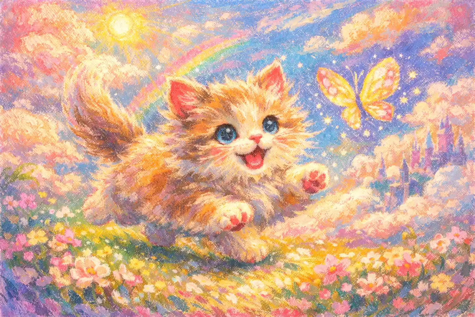Cute pastel kitten chasing a butterfly nursery art scene