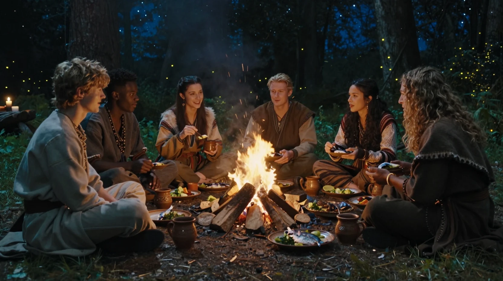 Friends sharing campfire dinner in a starlit forest