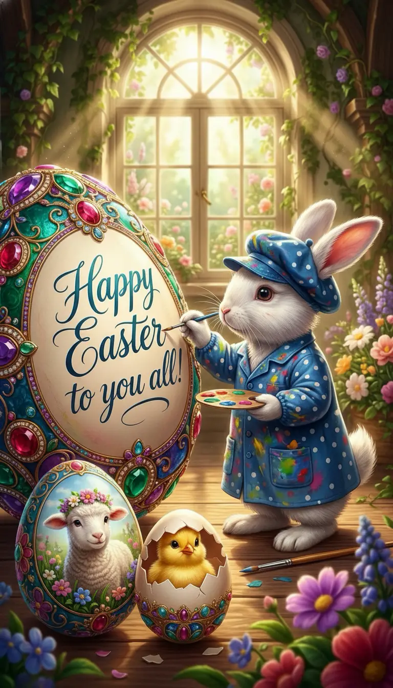 White rabbit painting a giant easter egg in sunlight