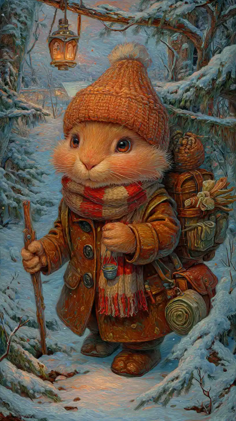 Rabbit adventurer walking through a snowy pine forest