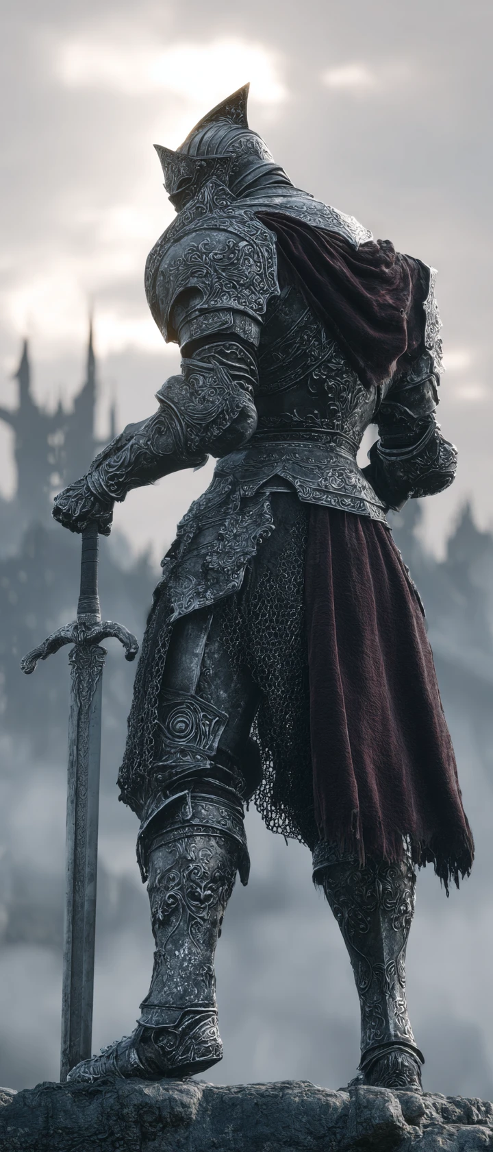 Lone armored knight on a crumbling bridge at night
