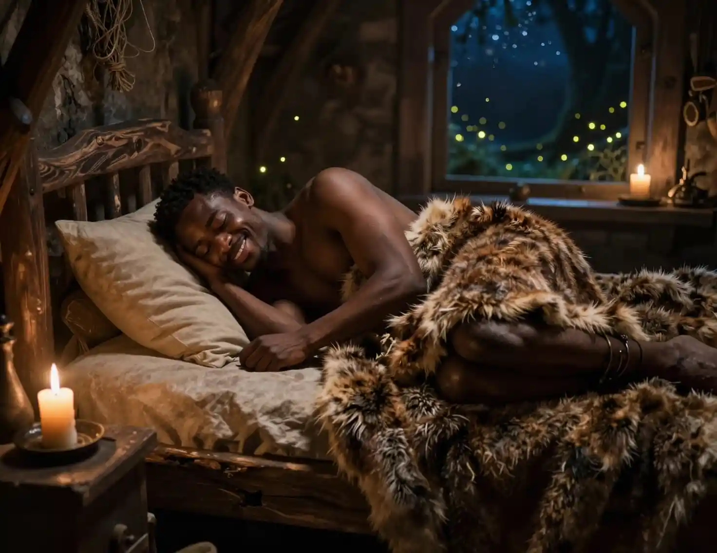 African man sleeping under fur blanket in rustic inn