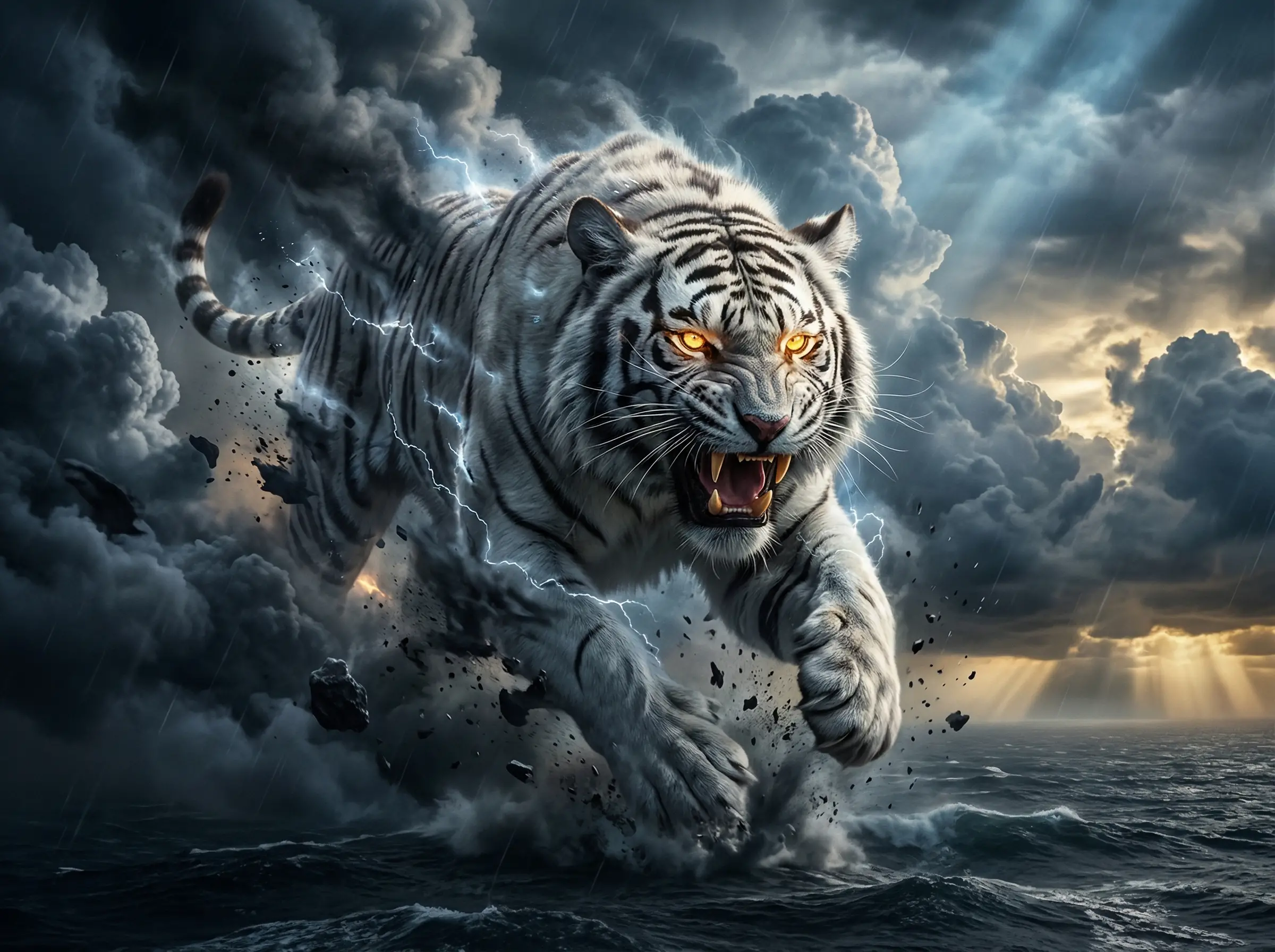 Legendary White Tiger Charging Through Storm Clouds