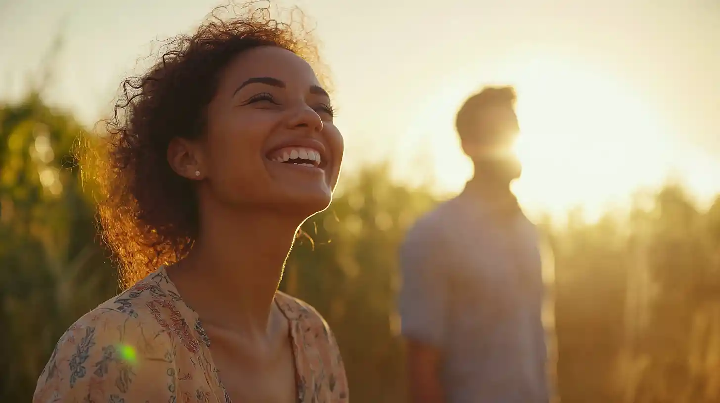 Laughing woman with her proud husband in soft light