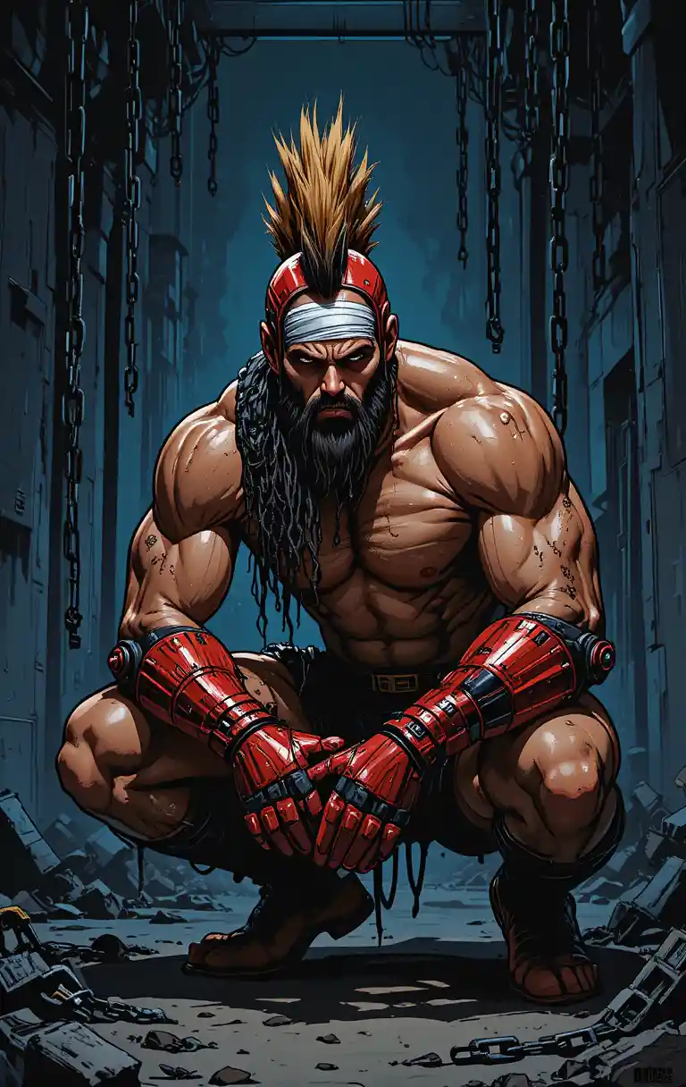 Shirtless cybernetic warrior crouching in dark industrial chains