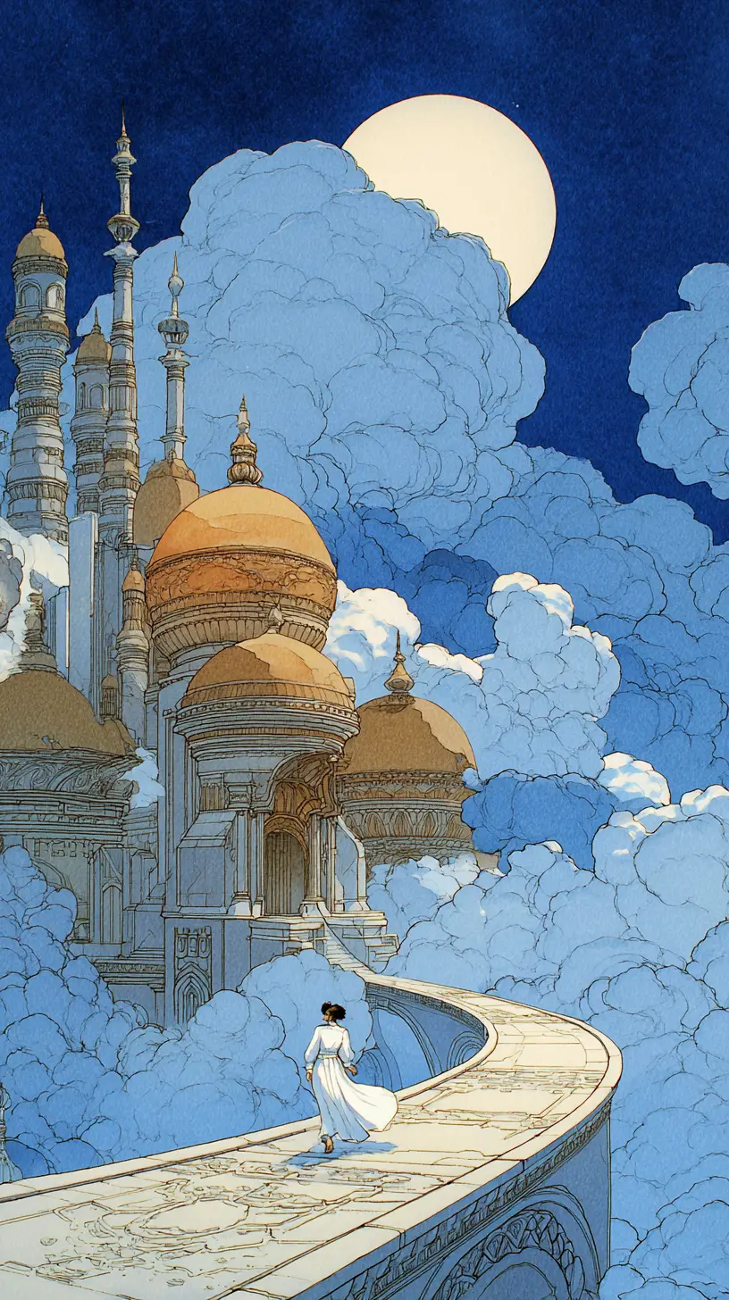 Woman Crossing Bridge To Golden Palace In The Clouds