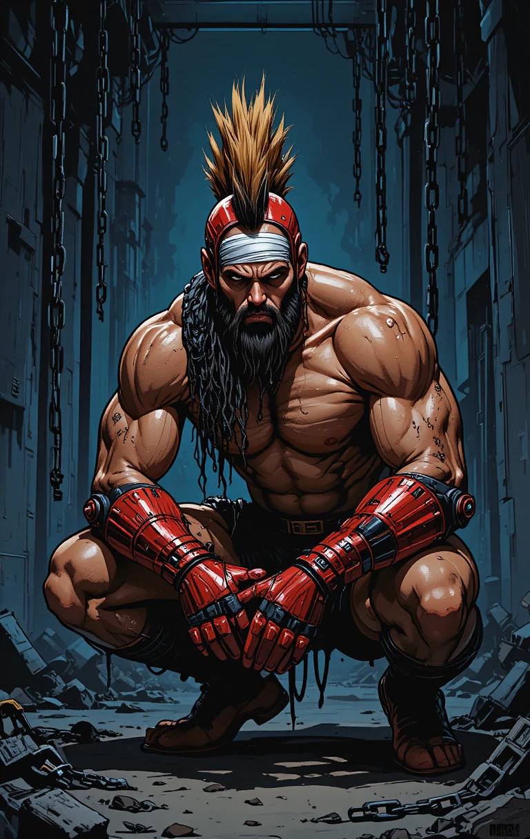 Shirtless cybernetic warrior crouching in dark industrial chains