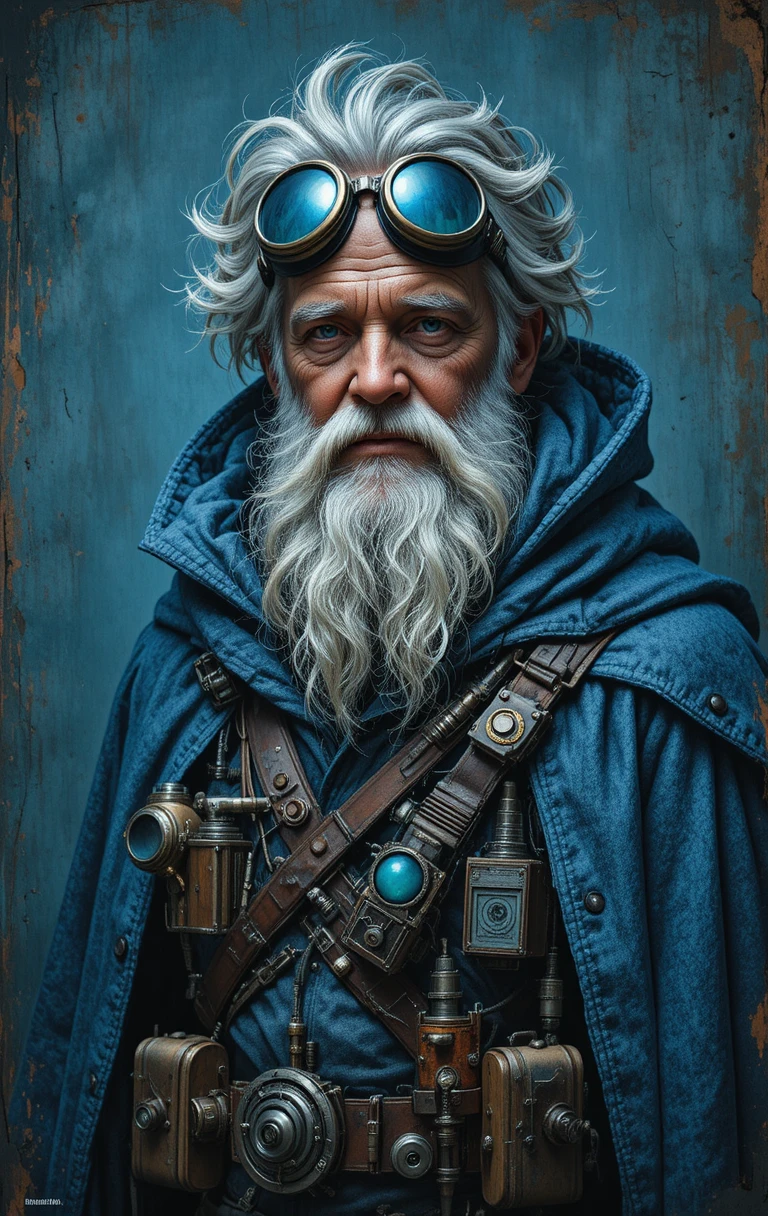 Elderly bearded explorer in goggles and blue cloak