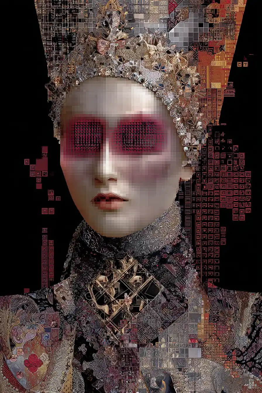 Surreal portrait of a glamorous punk woman in glitch vision
