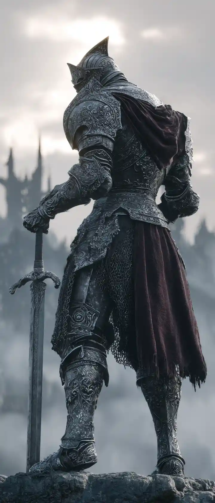 Lone armored knight on a crumbling bridge at night