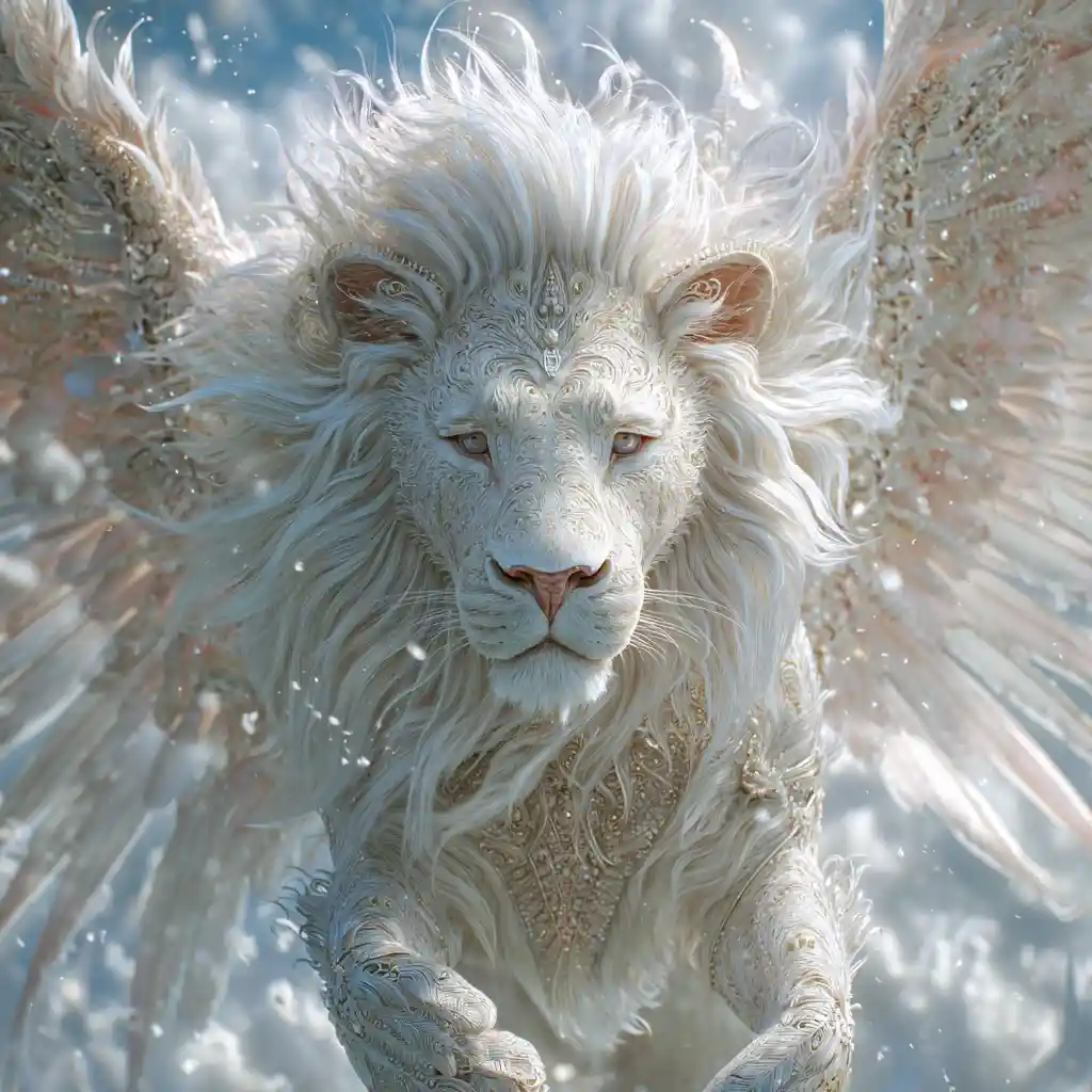Angelic fantasy lion with glowing celestial wings