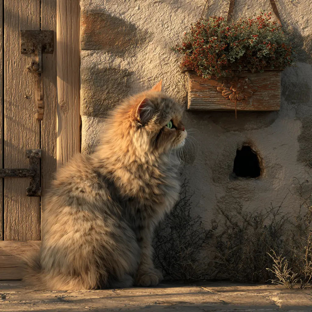 Persian cat watching a mouse hole by cottage wall