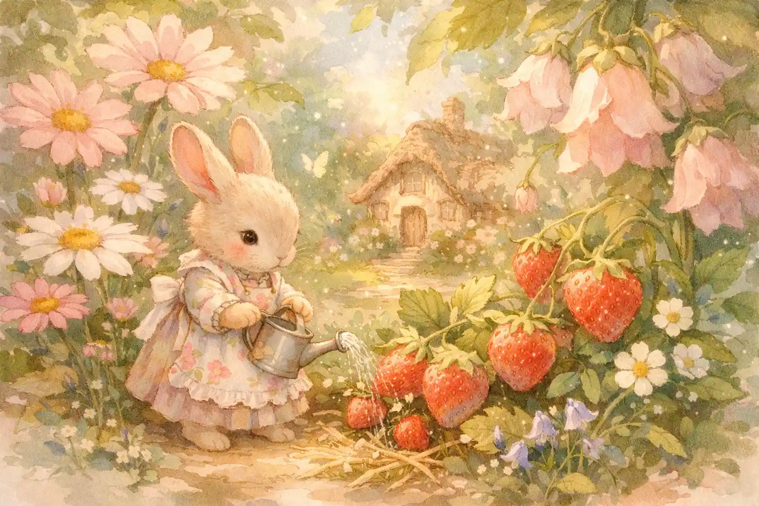 Cute rabbit tending a garden of giant flowers