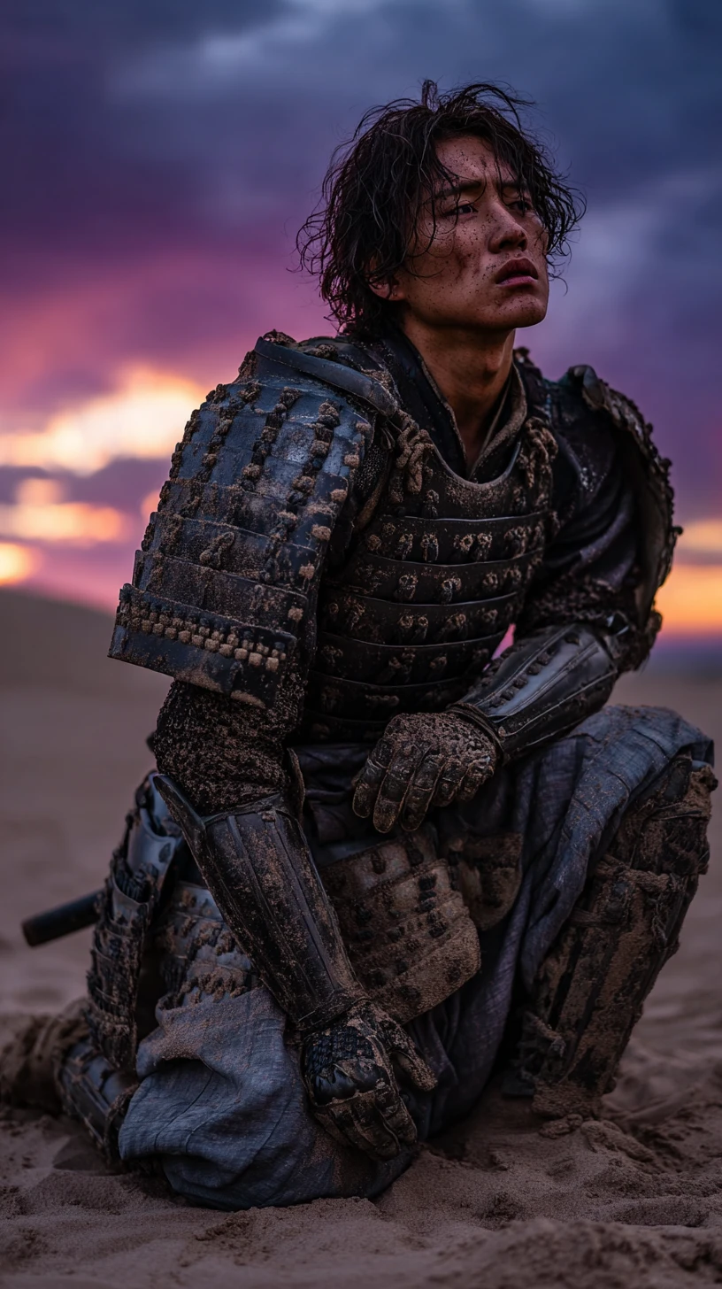 Lone samurai kneeling in twilight sand after battle
