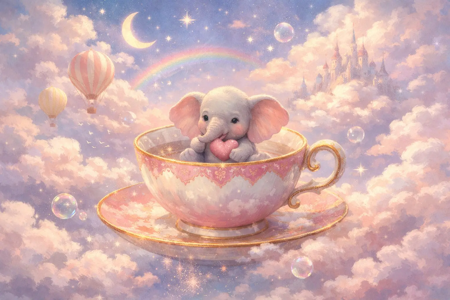 Tiny elephant floating on teacup in dreamy sky