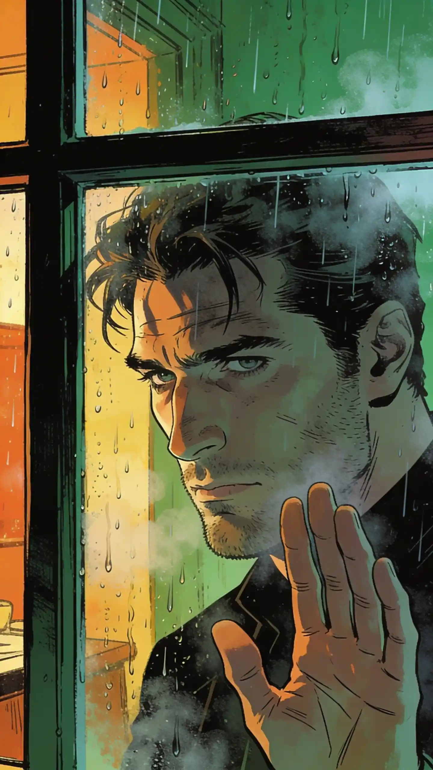 Thoughtful man at rainy window in cinematic illustration