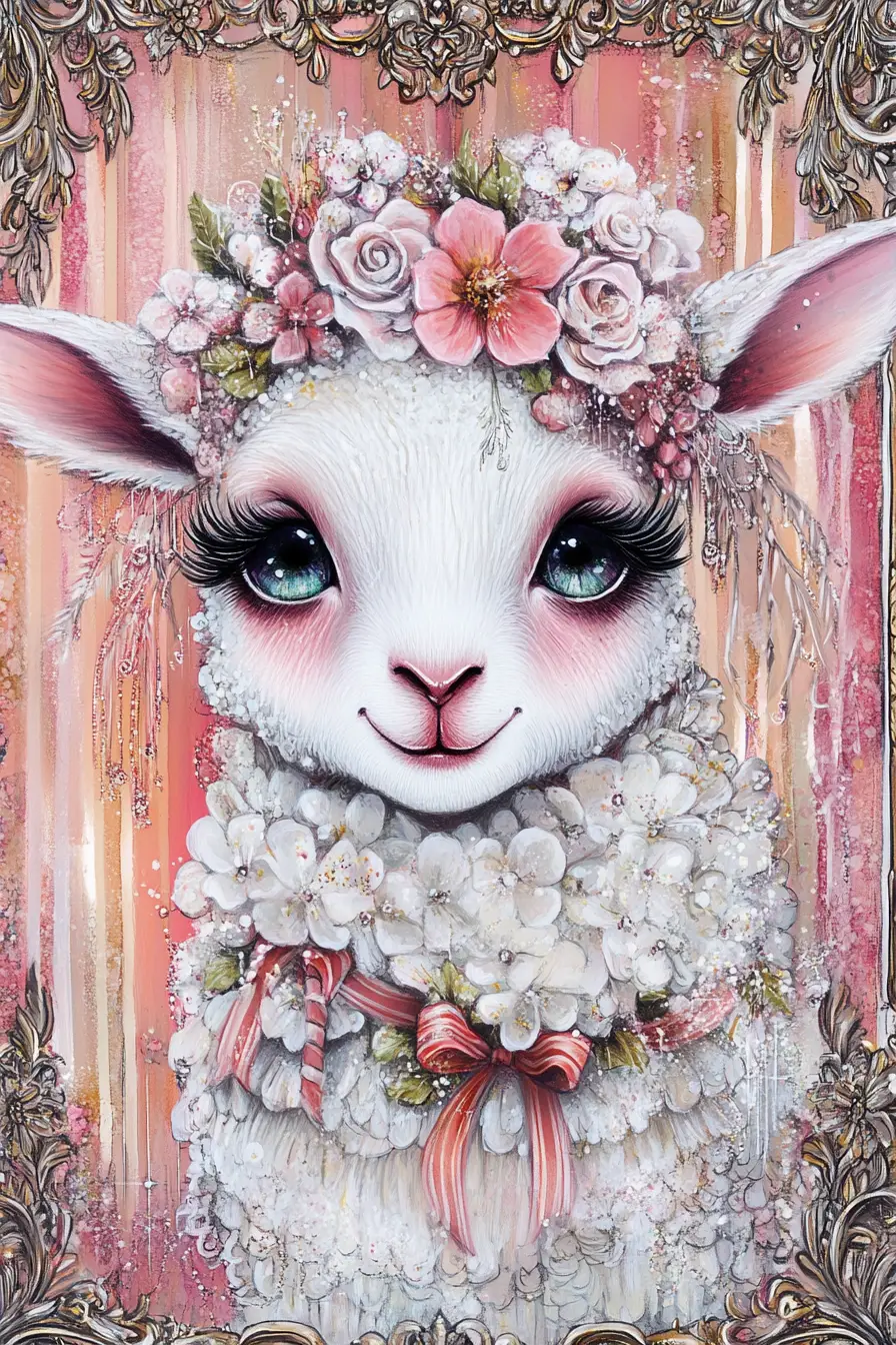 Anthropomorphic lamb diva with pastel ribbons and flowers