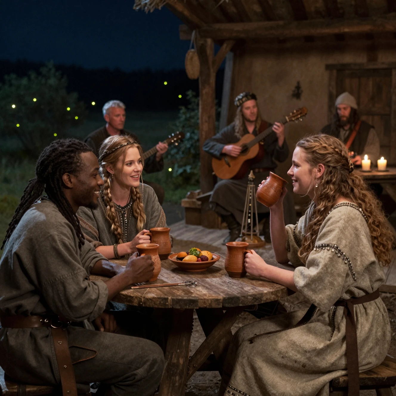 Friends laughing over clay mugs in a cozy fantasy tavern
