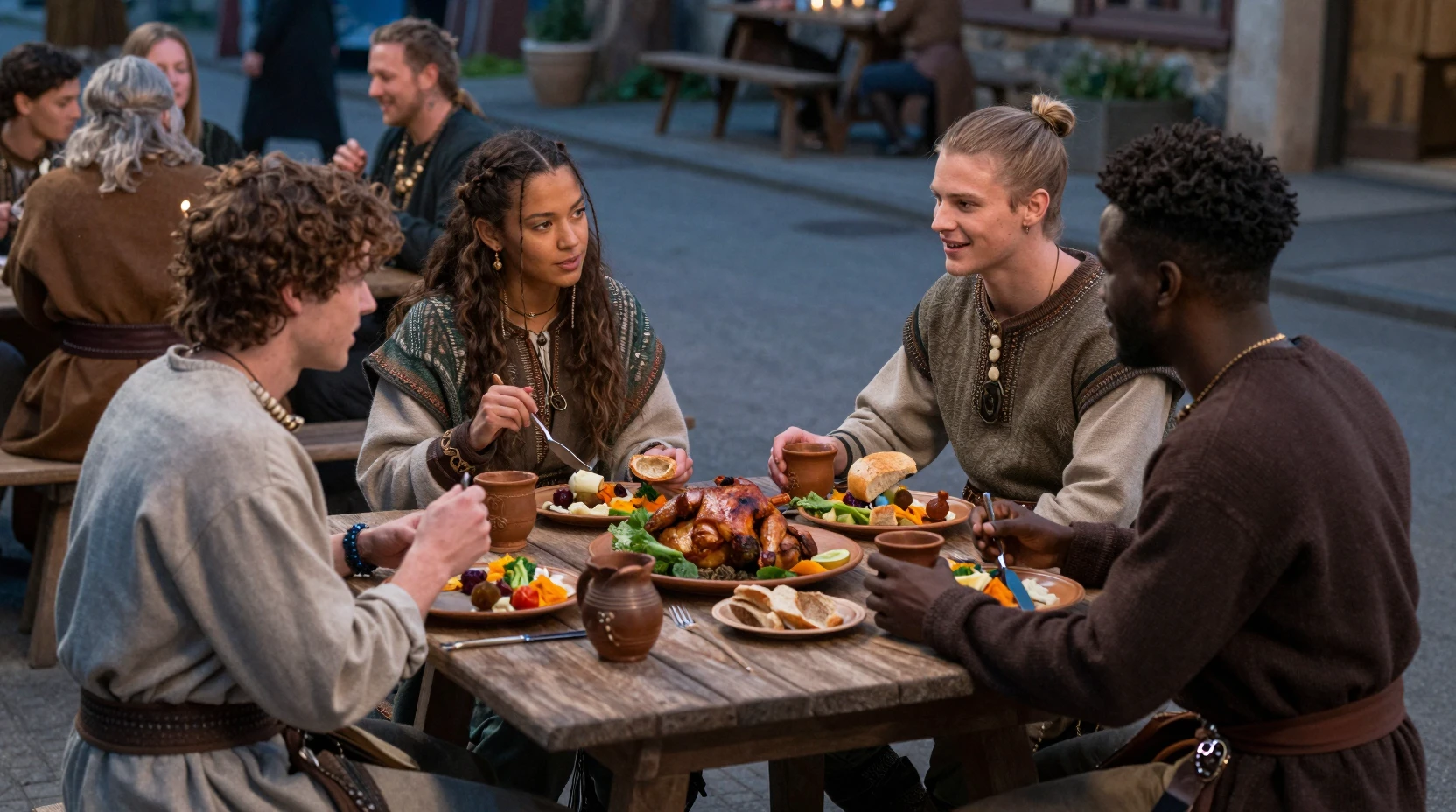 Friends sharing dinner at a fantasy street tavern table