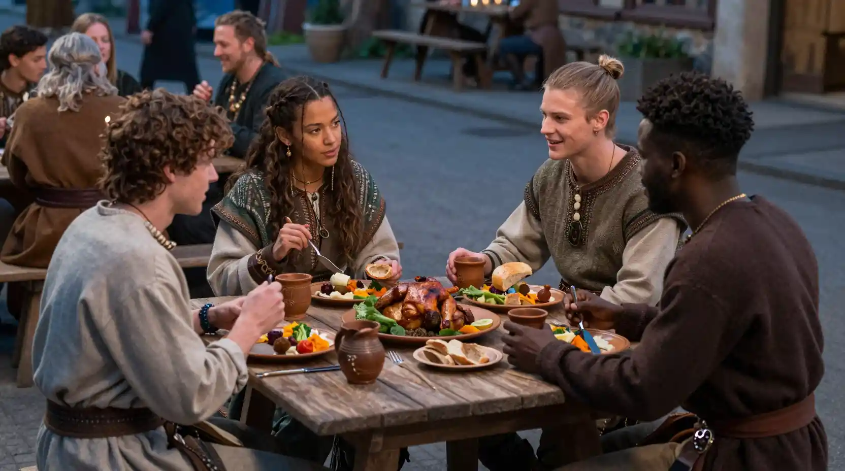 Friends sharing dinner at a fantasy street tavern table