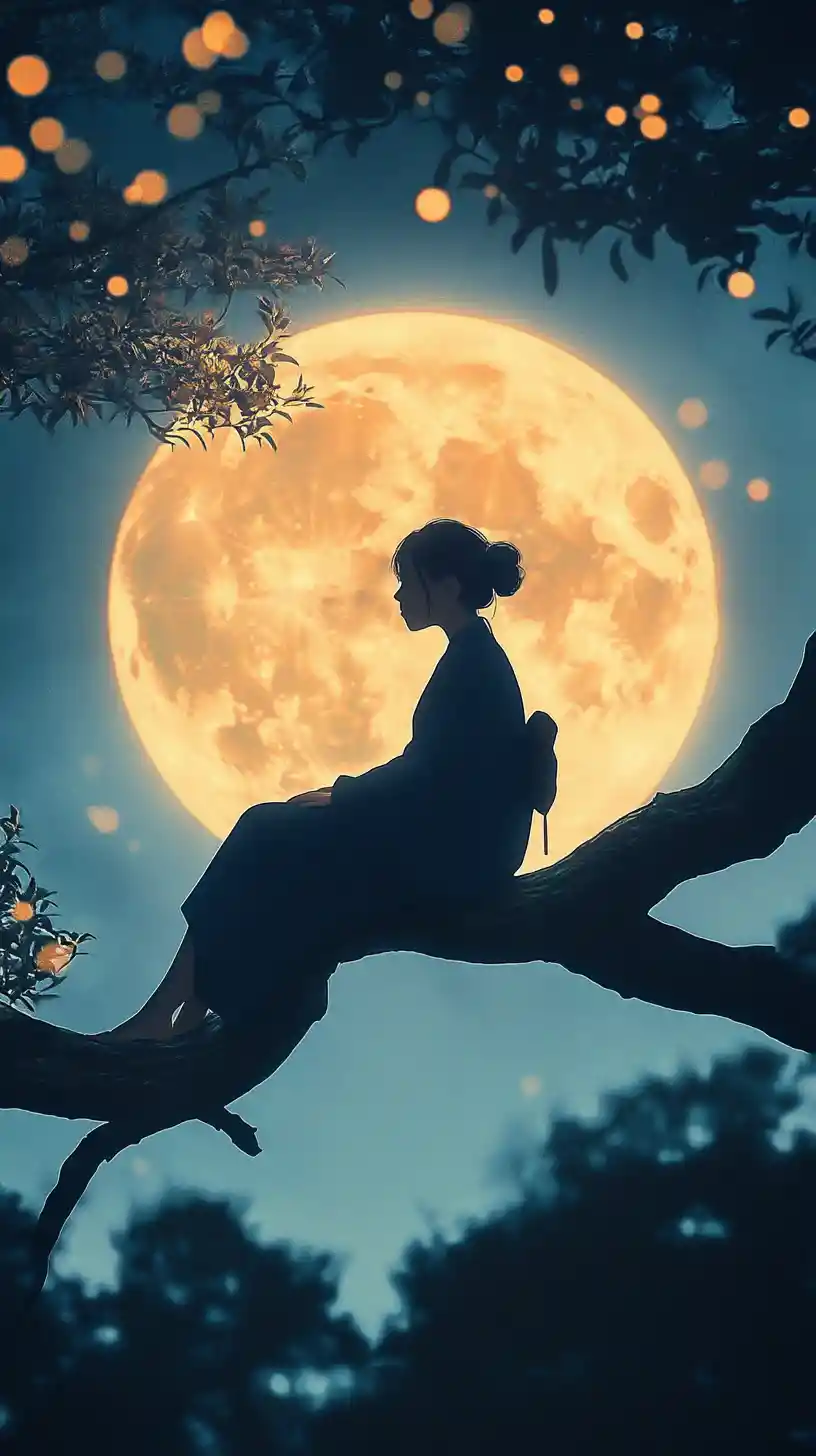 Mädchensilhouette auf einem Baumzweig vor einem leuchtenden Vollmond