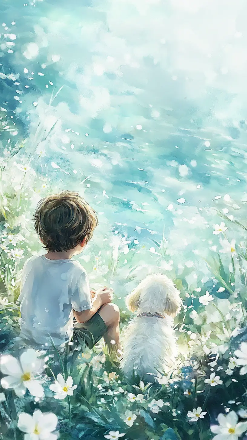 Boy and puppy in a peaceful snowdrop meadow watercolor
