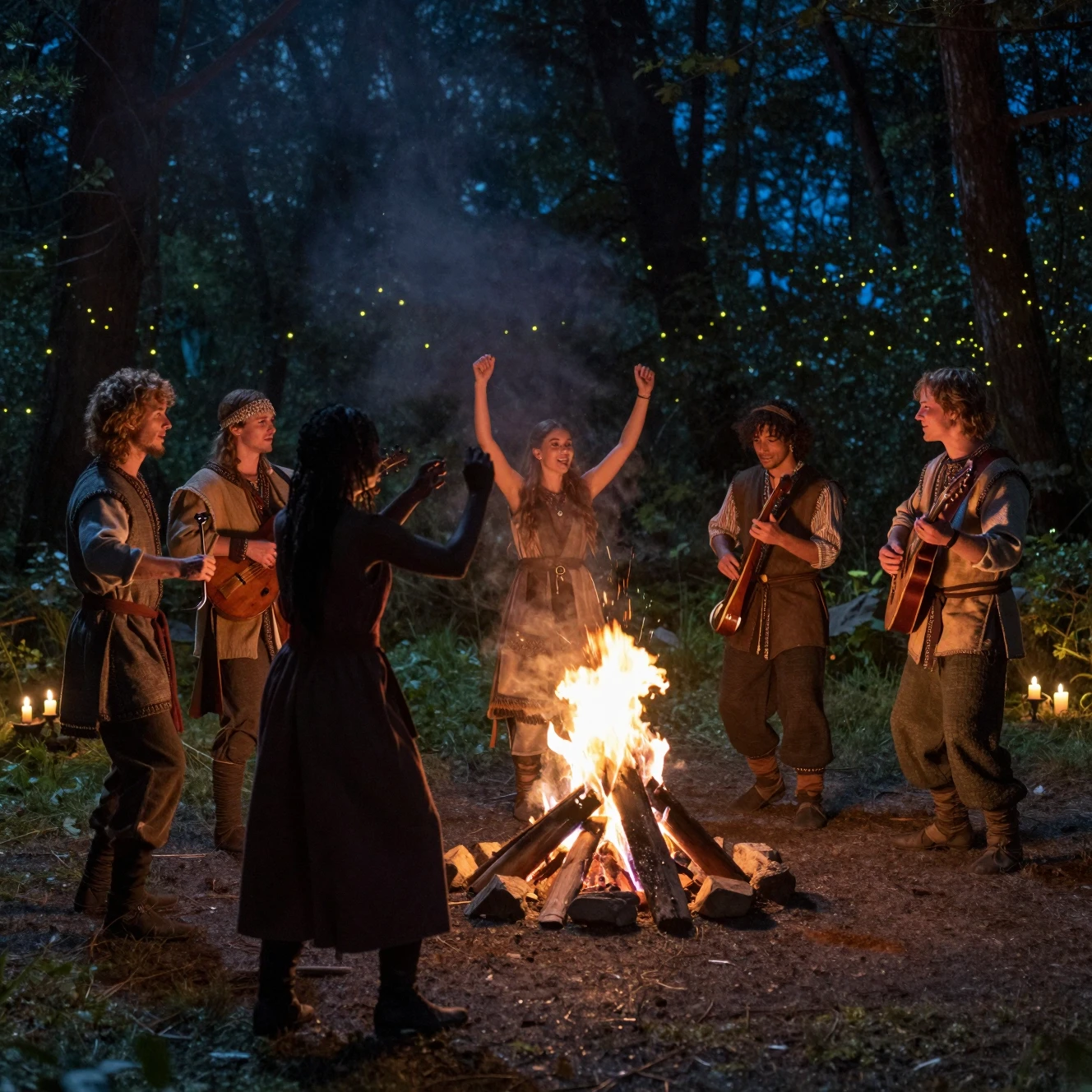 Friends dancing by a forest campfire under the stars