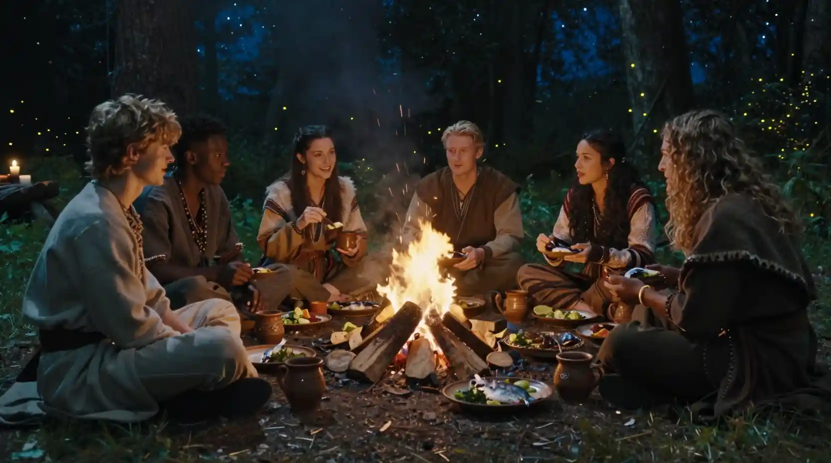 Friends sharing campfire dinner in a starlit forest