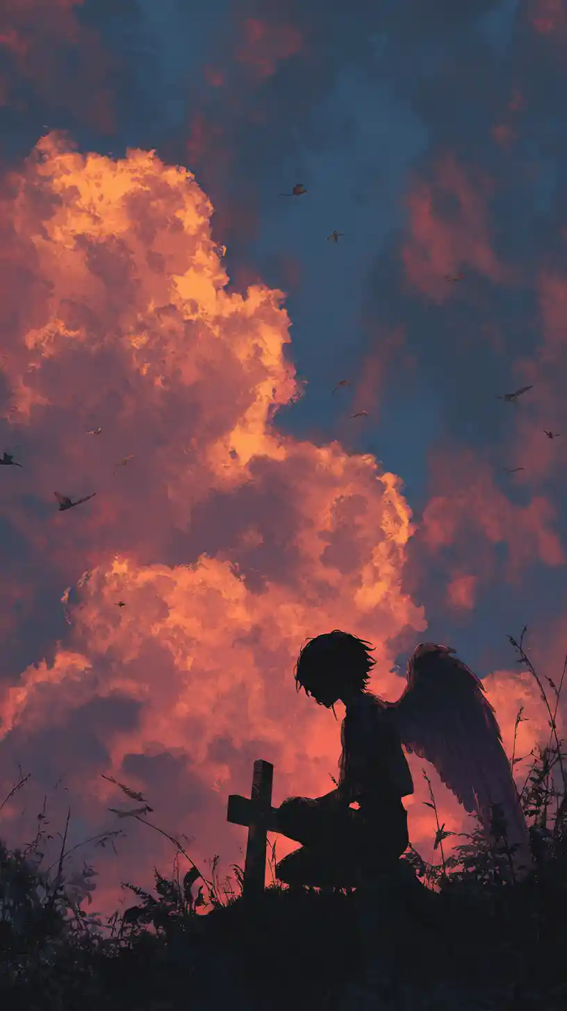 Silhouetted angel with cross against glowing sunset sky