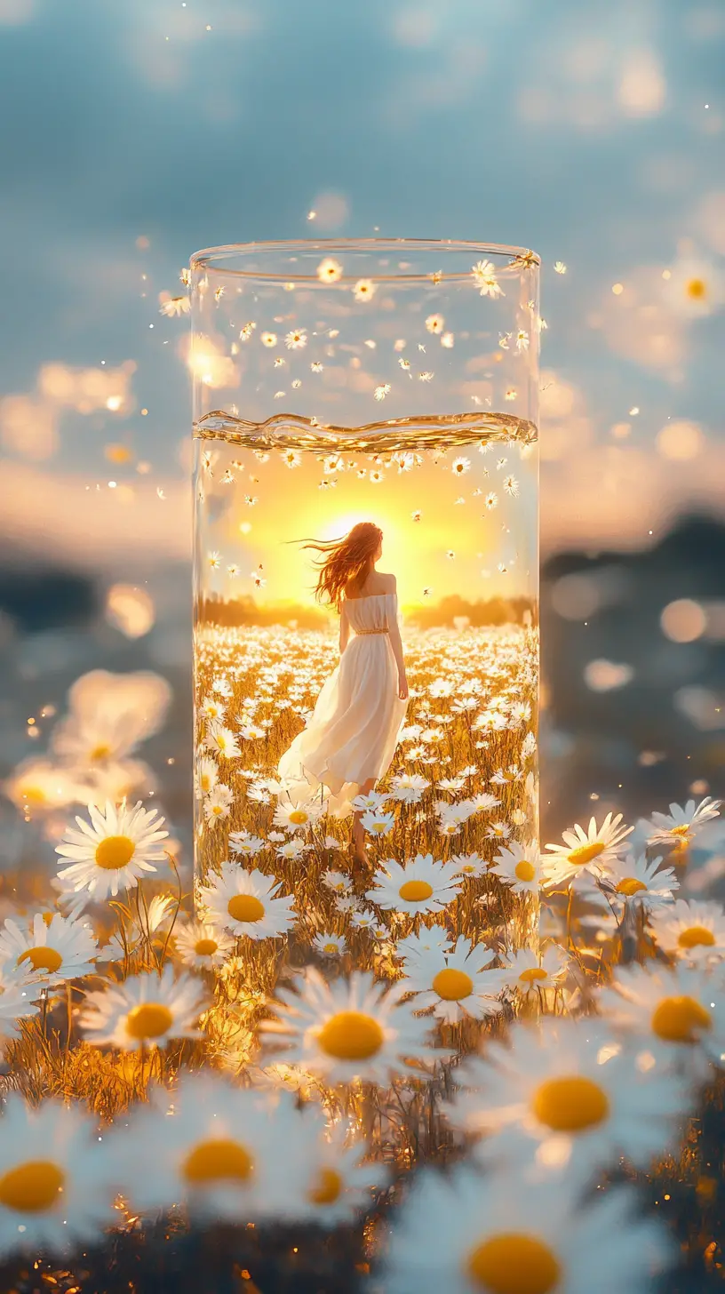 Girl In Glass Landscape With Cascading Daisies And Sunset