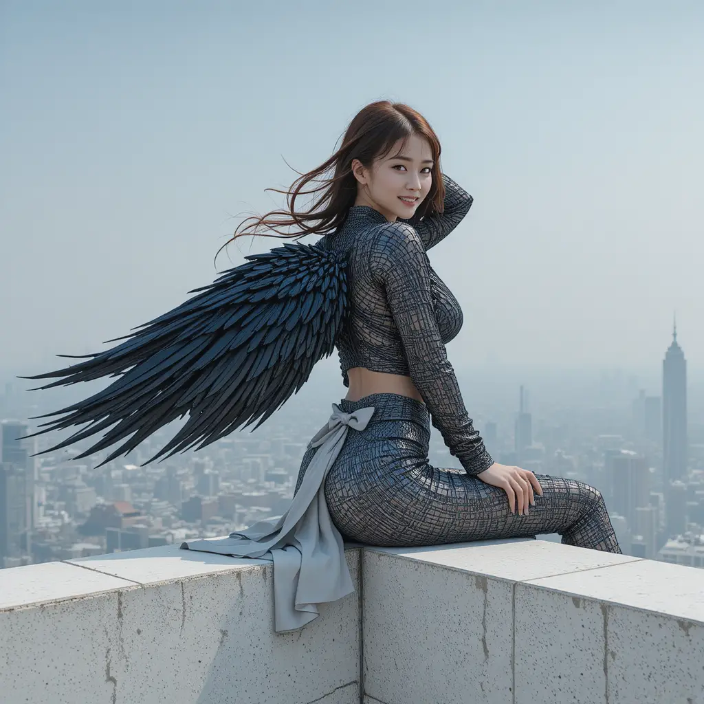 Young woman with obsidian wings on a distant city rooftop