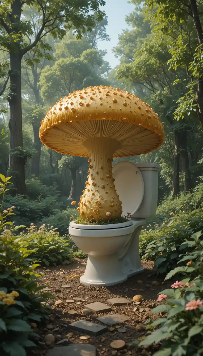 Giant Golden Mushroom Growing From Toilet In City Park