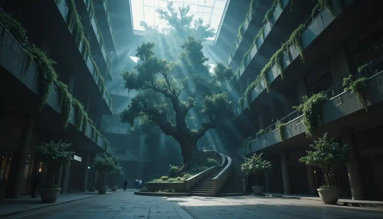 Futuristic tower entwined with a giant tree after rain
