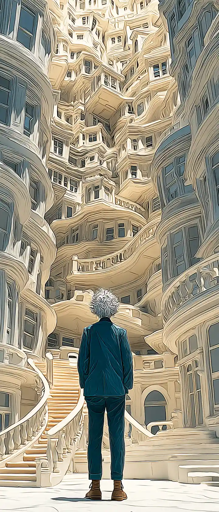 Anime architect amazed by impossible op art building model
