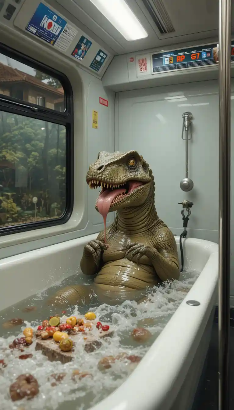 Dinosauro che fa il bagno in una metropolitana affollata