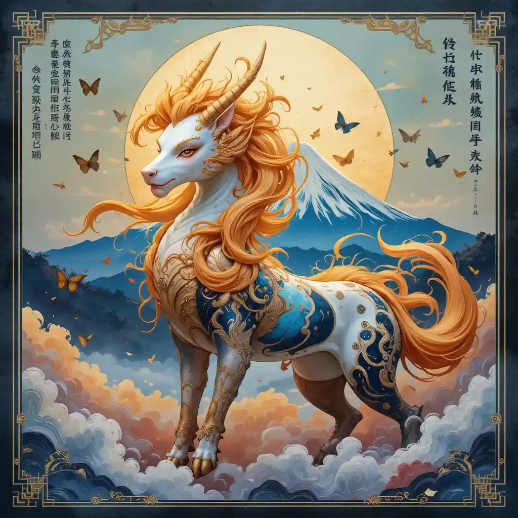 Mythischer Kirin in Aquarell vor goldenem Fuji