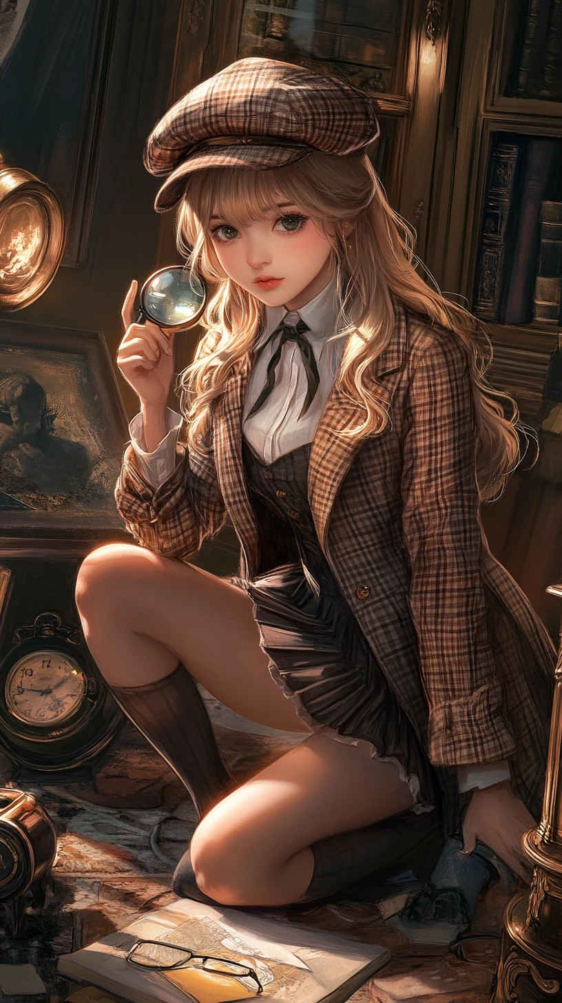 Ragazza detective in stile anime che cerca sul pavimento nella luce dorata